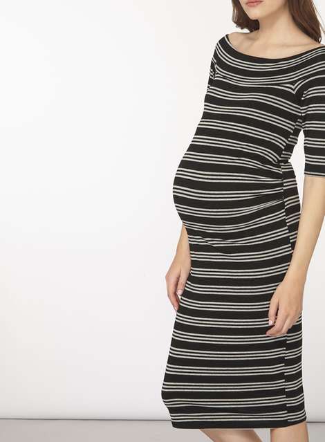 **Maternity Black and Grey Striped Bardot Bodycon Dress